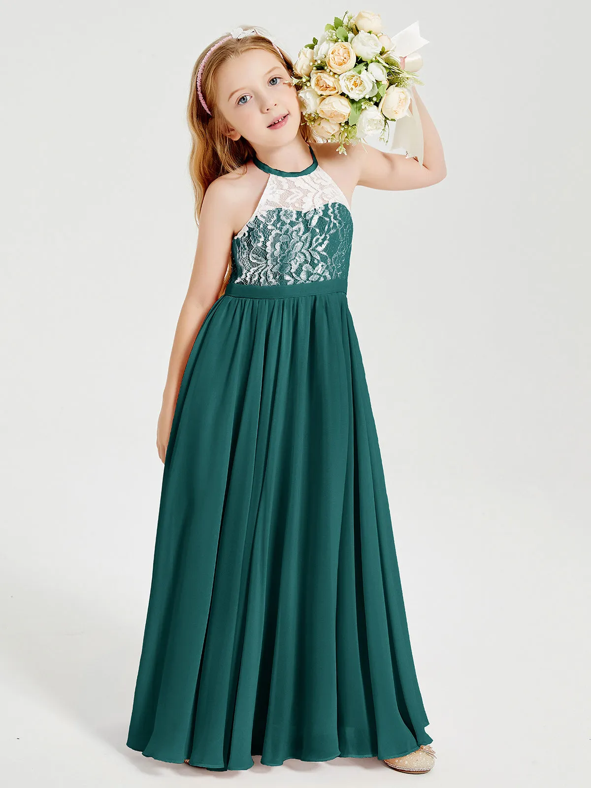 Long Chiffon Bridesmaid Dresses Lace Top Peacock