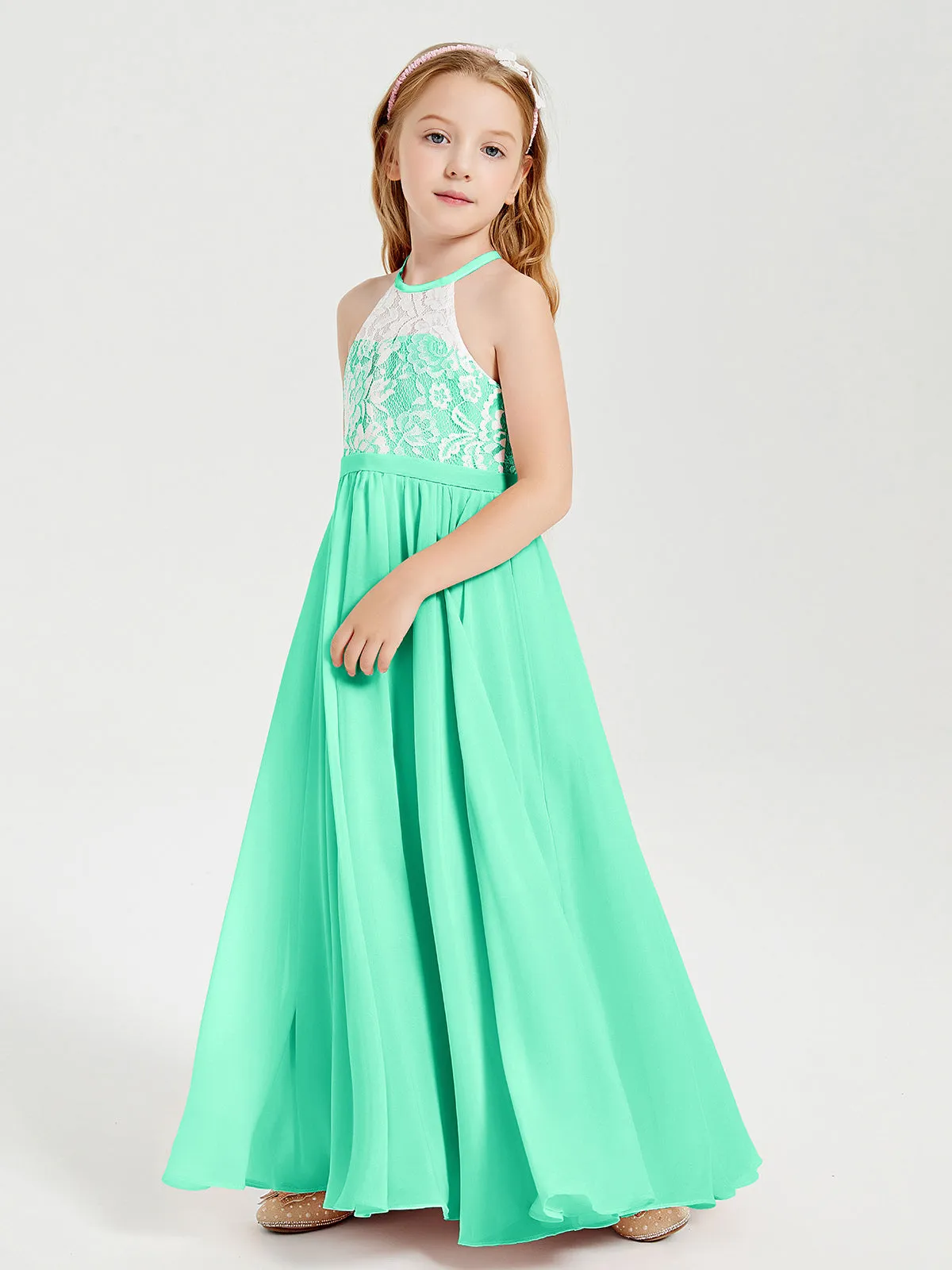 Long Chiffon Bridesmaid Dresses Lace Top Turquoise