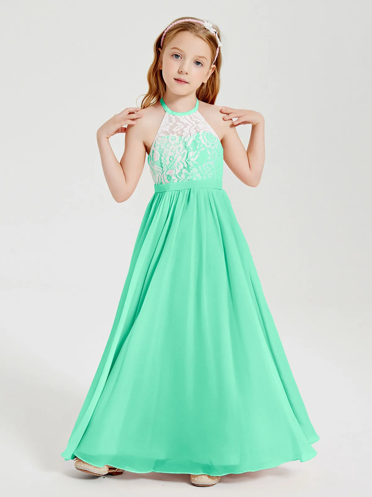 Long Chiffon Bridesmaid Dresses Lace Top Turquoise