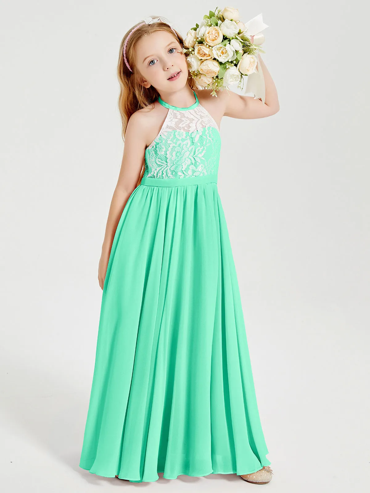 Long Chiffon Bridesmaid Dresses Lace Top Turquoise