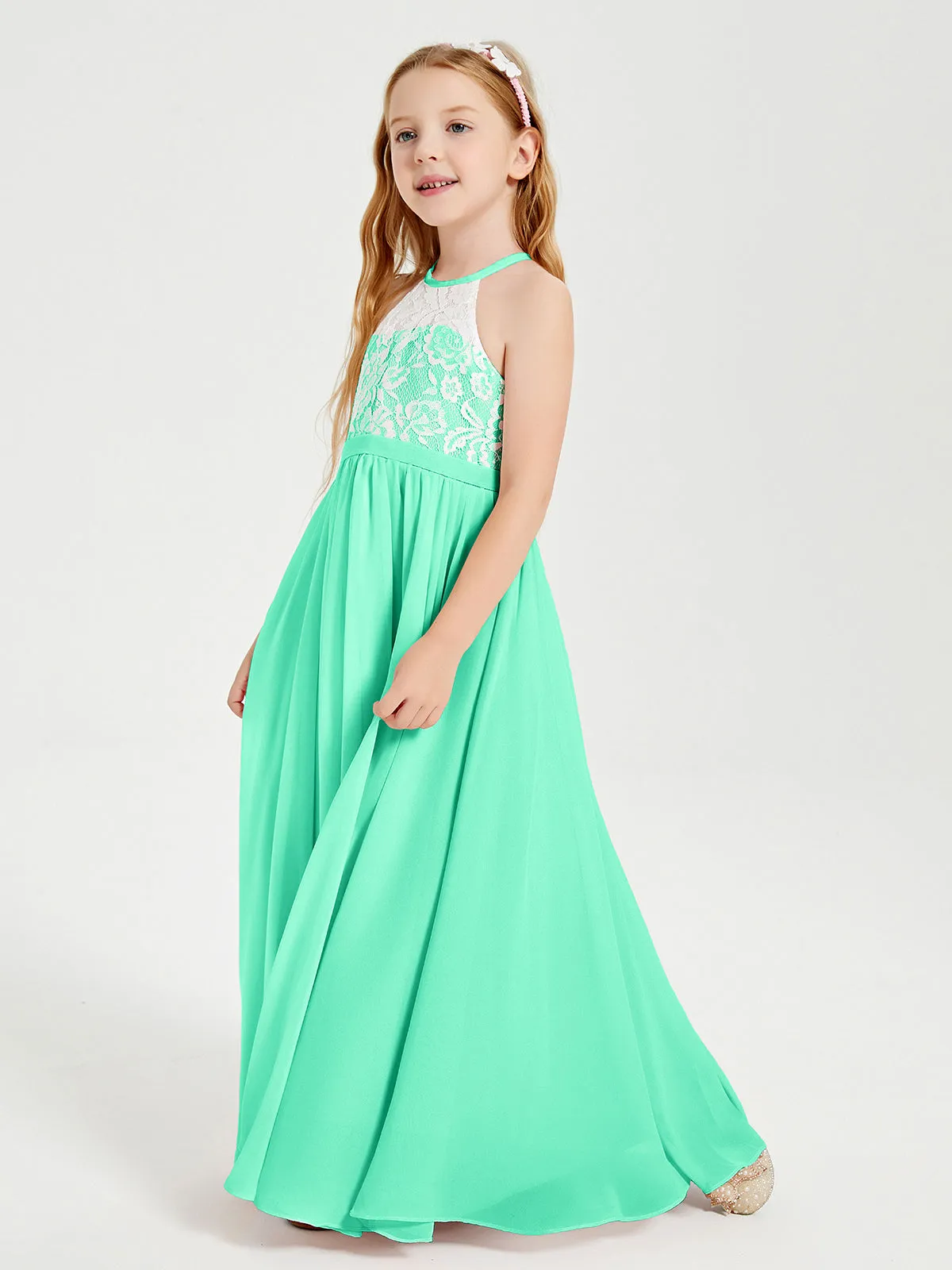 Long Chiffon Bridesmaid Dresses Lace Top Turquoise