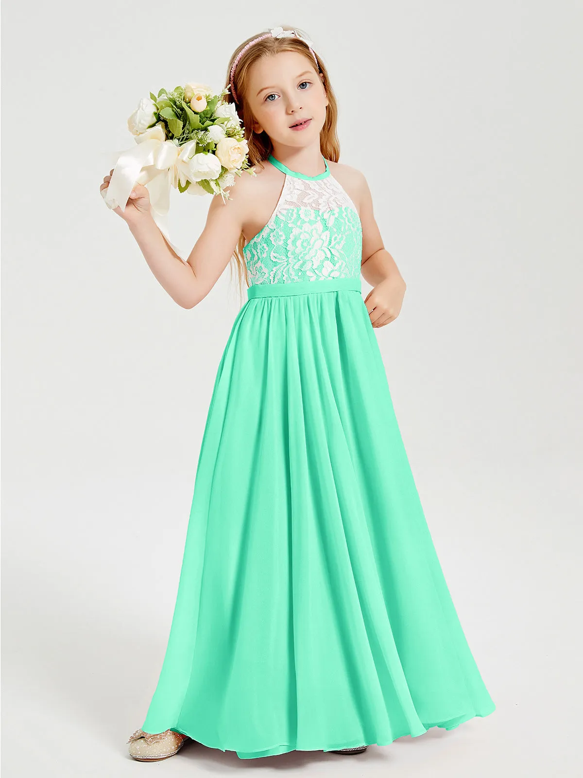 Long Chiffon Bridesmaid Dresses Lace Top Turquoise