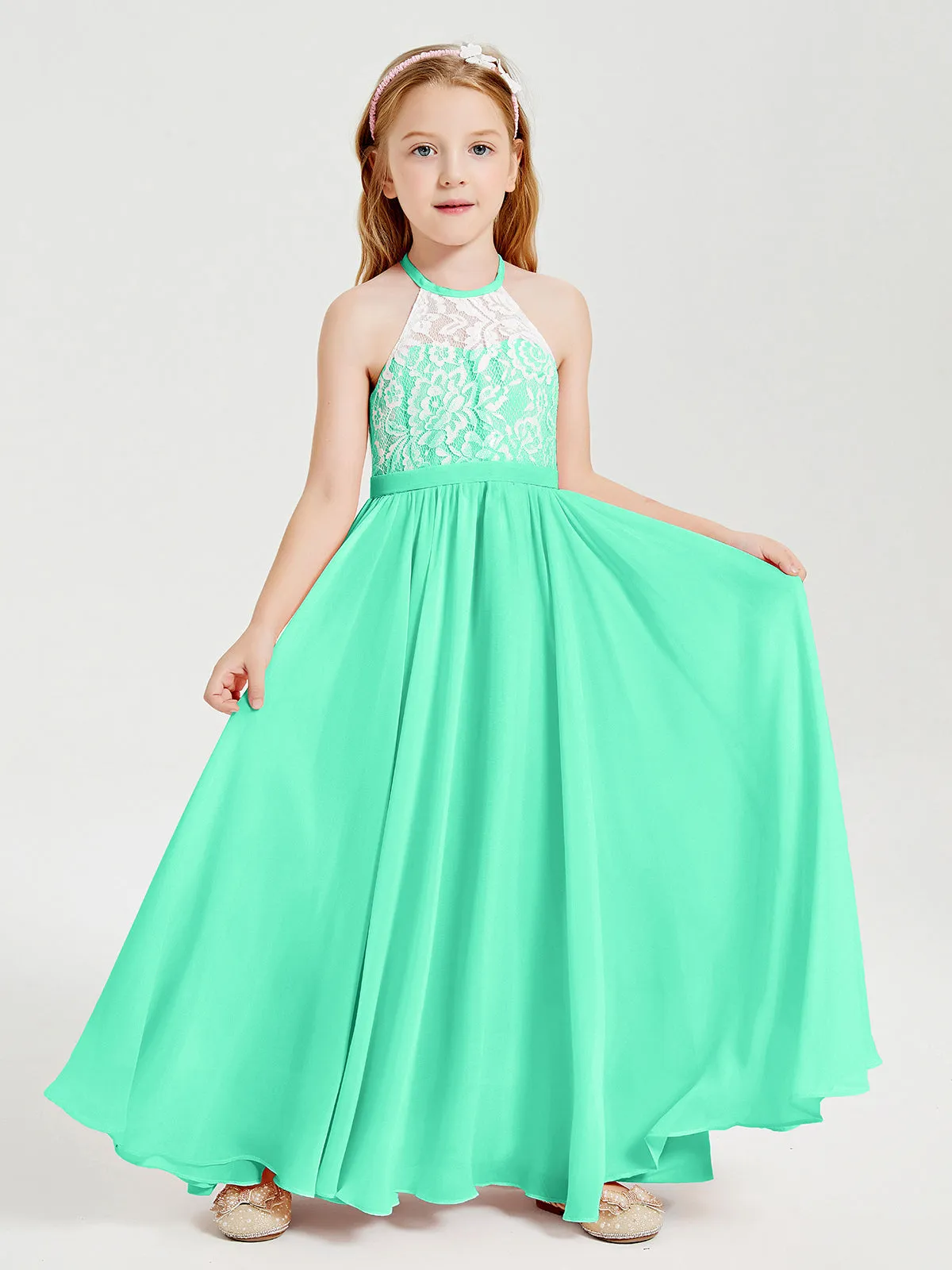 Long Chiffon Bridesmaid Dresses Lace Top Turquoise