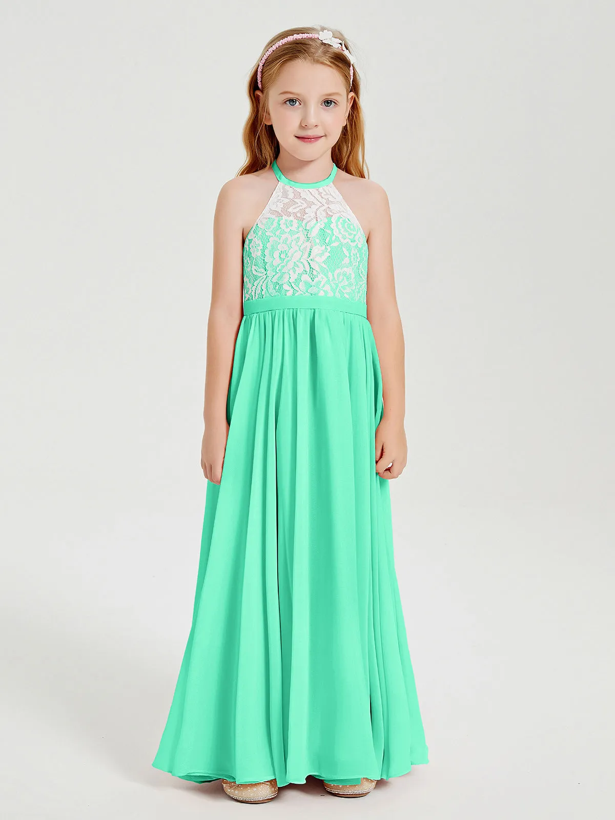 Long Chiffon Bridesmaid Dresses Lace Top Turquoise