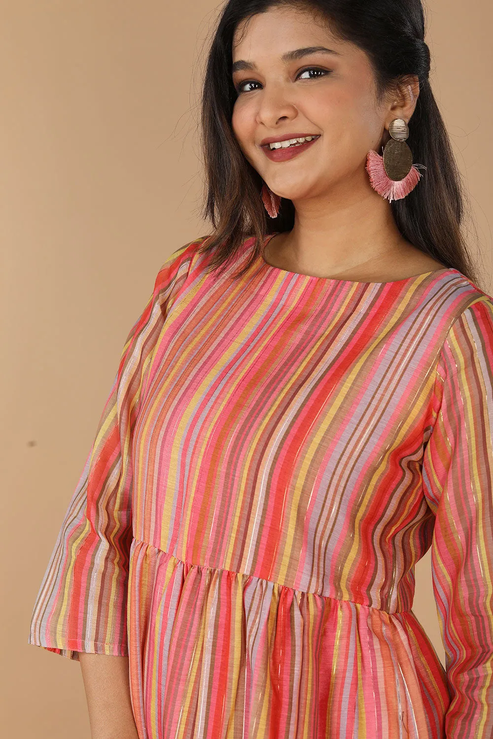 Long striped summer dress in chanderi