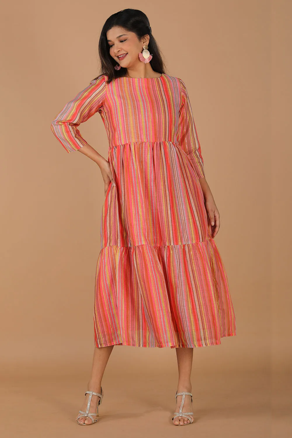 Long striped summer dress in chanderi