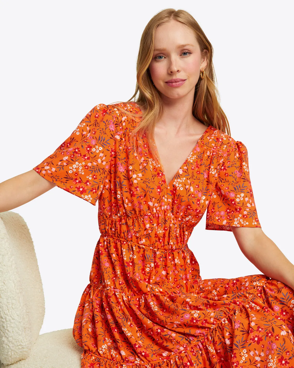 Margo Flutter Sleeve Dress in Apricot Pansy Floral