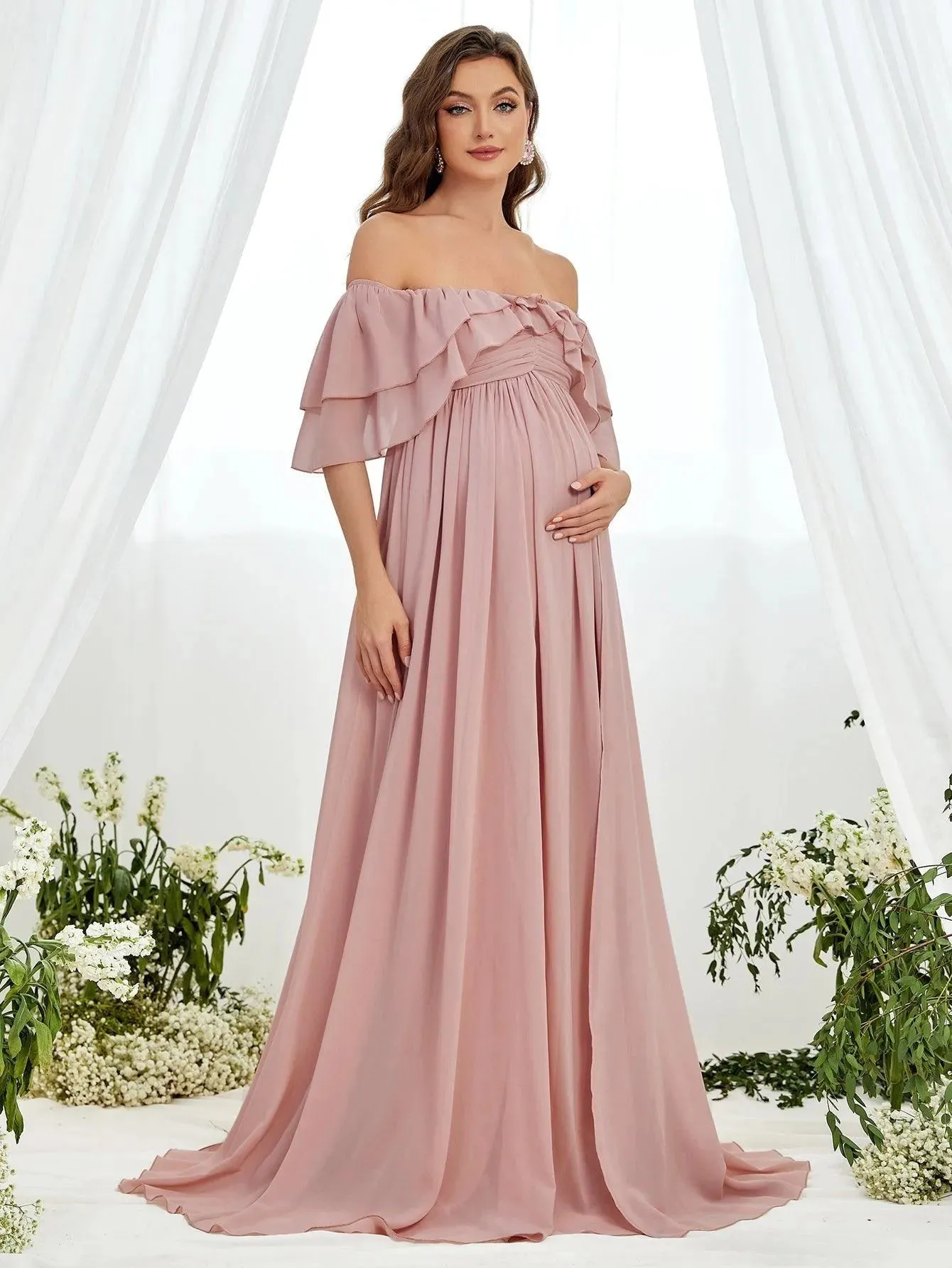 Maternity Off Shoulder Ruched Bust Layered Sleeves Chiffon Dress