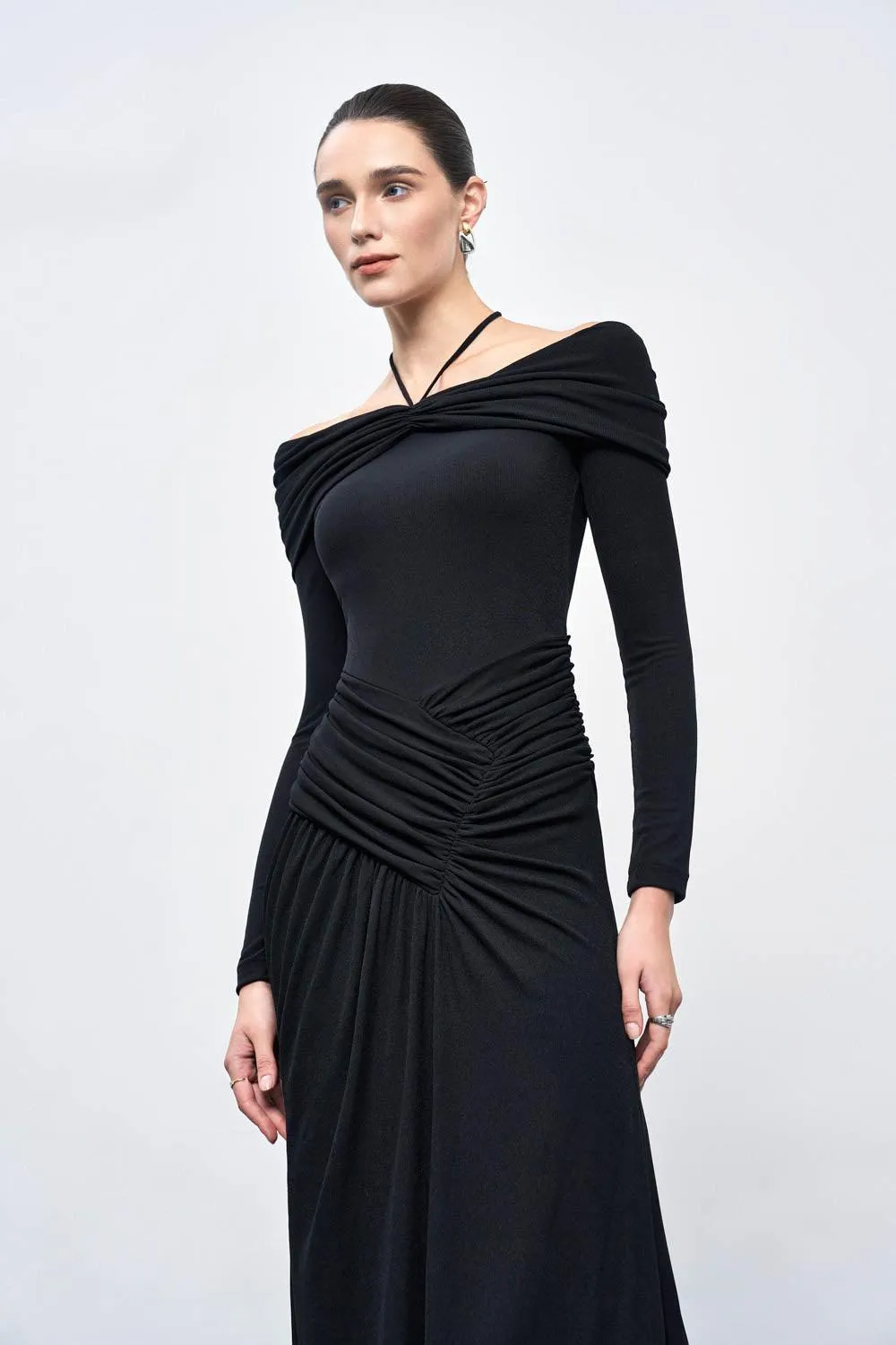 Minerva A-line Gathered Rib Knit Ankle Length Dress