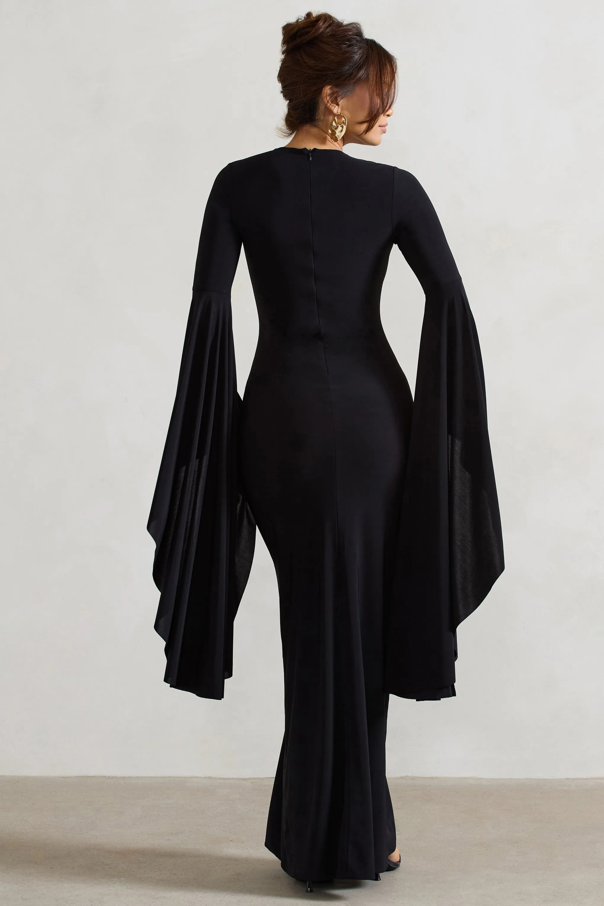 Modena | Black Waterfall Sleeve Maxi Dress