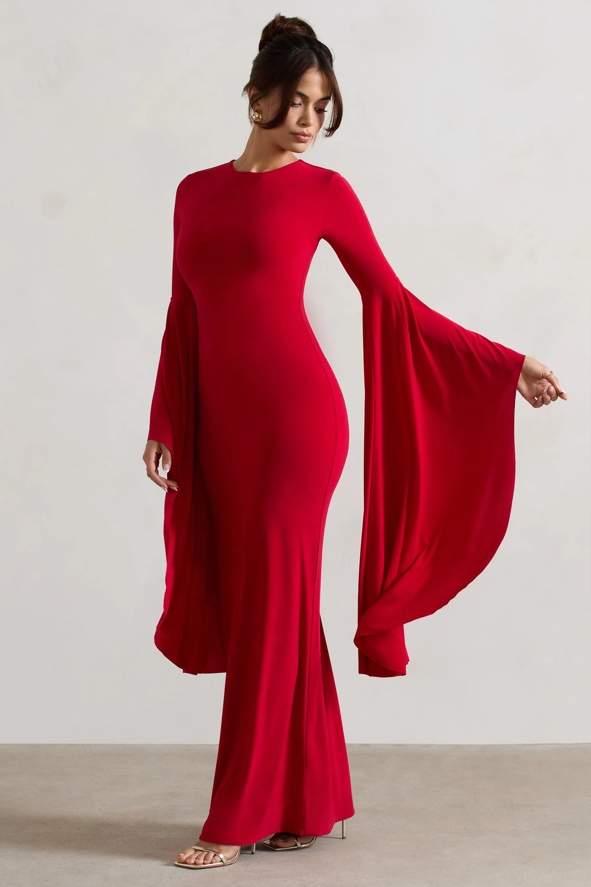 Modena | Red Waterfall Sleeve Maxi Dress