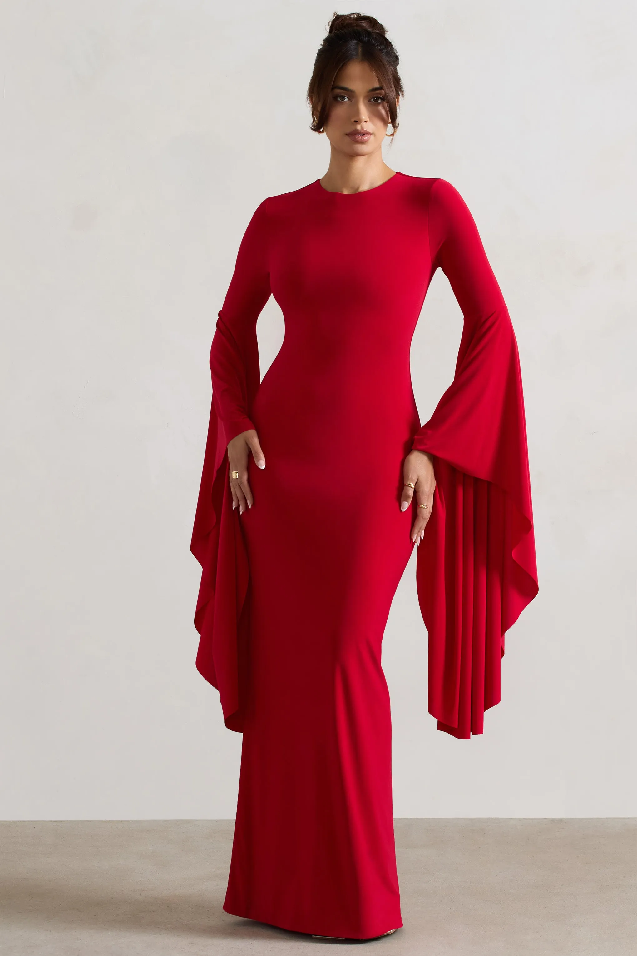 Modena | Red Waterfall Sleeve Maxi Dress