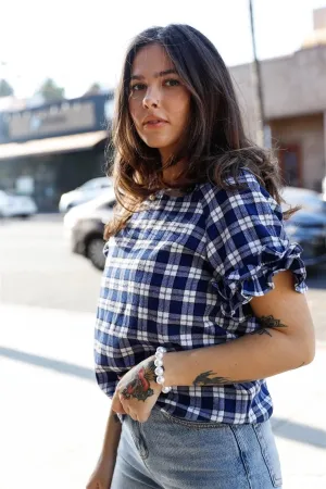 Navy Plaid Ruffled Cuff Short Sleeve Top /1-2-2-1