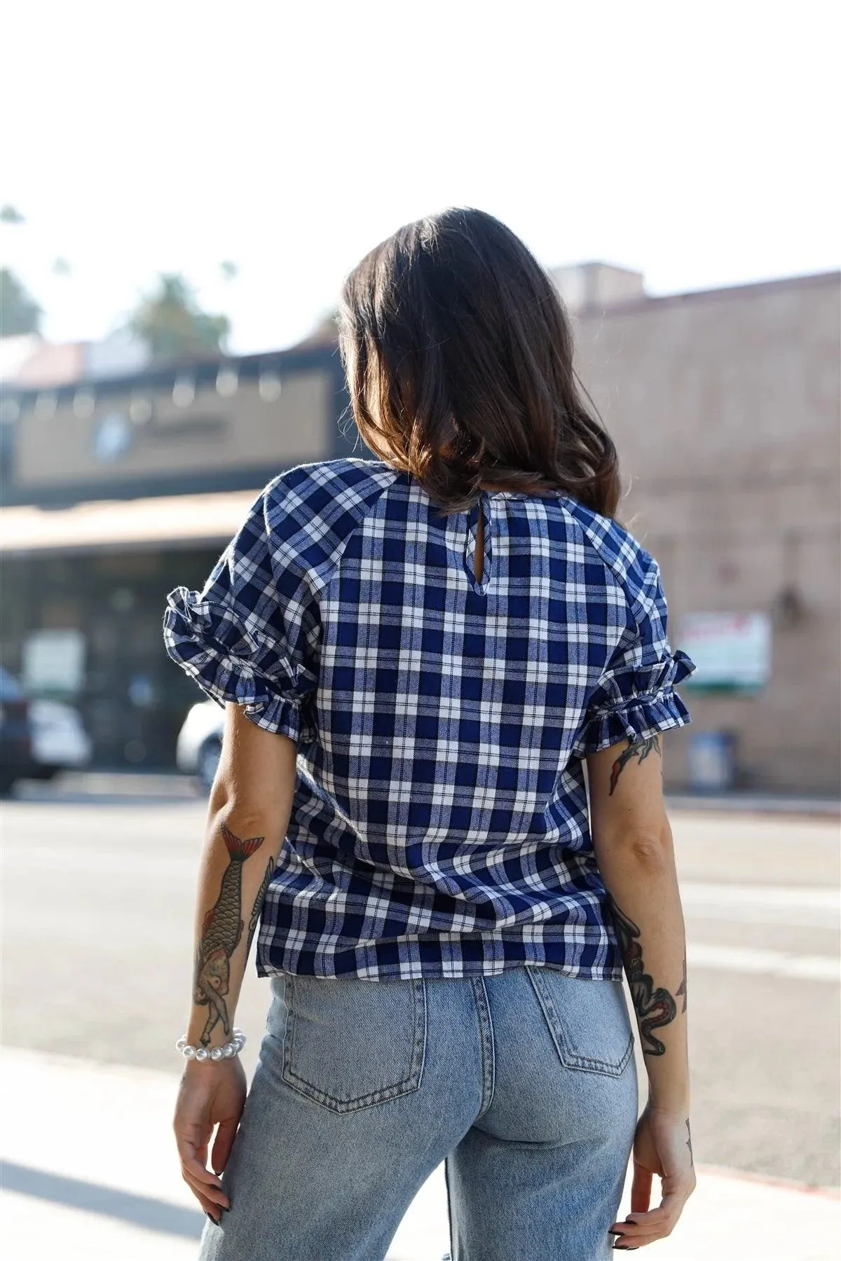 Navy Plaid Ruffled Cuff Short Sleeve Top /1-2-2-1