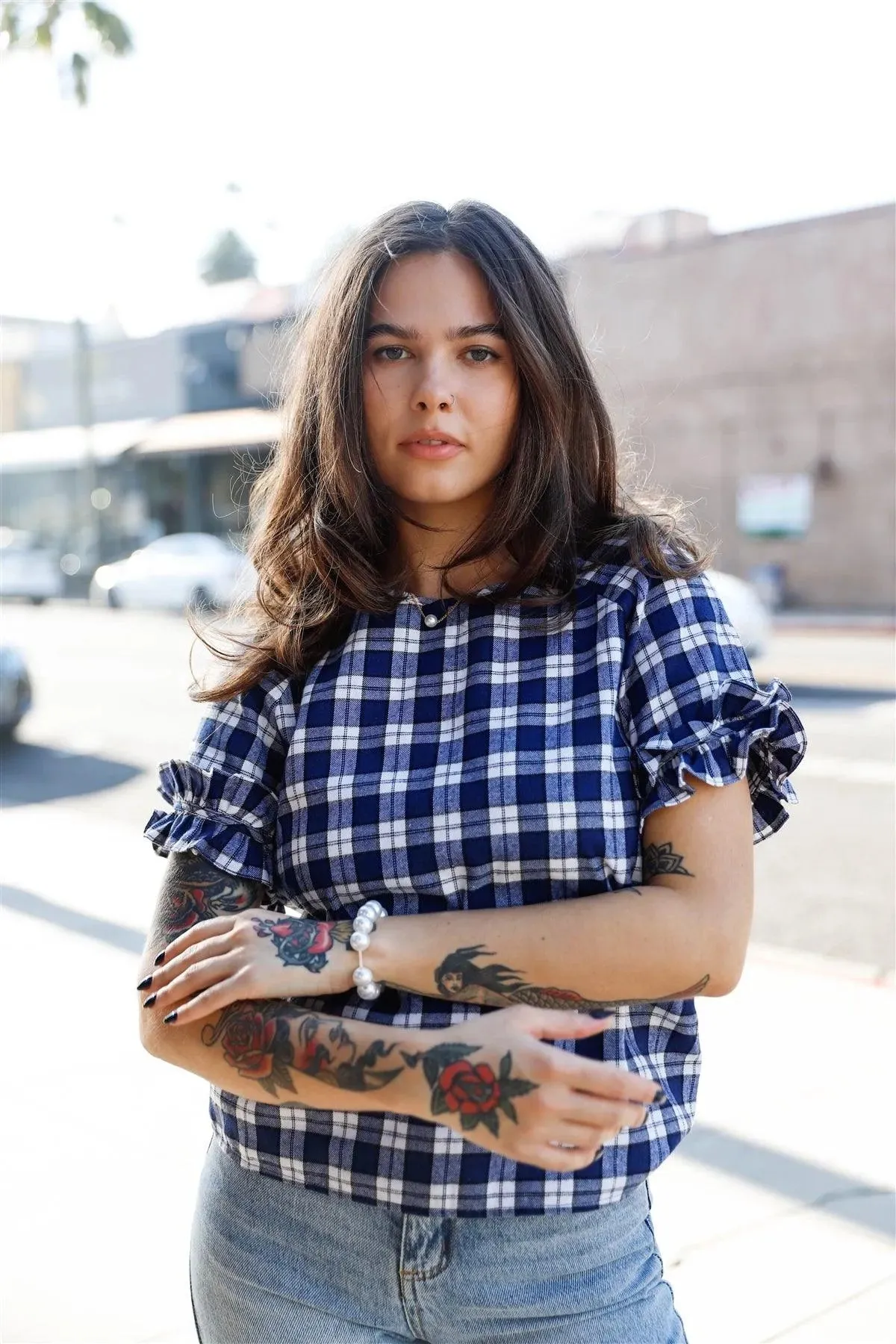 Navy Plaid Ruffled Cuff Short Sleeve Top /1-2-2-1