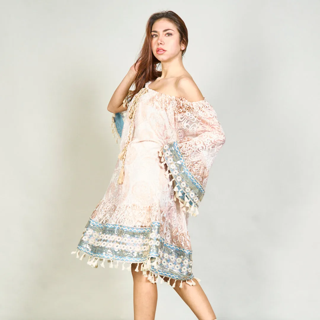 Off-shoulder boho lace dress with tassels wholesale