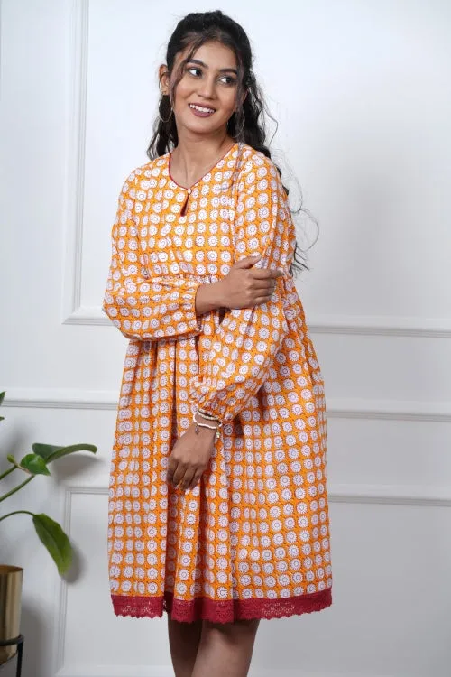 Orange Orchid Hand Block Printed Dress