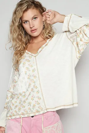 Playful In Floral Ivory Crochet Patch V-Neck Top