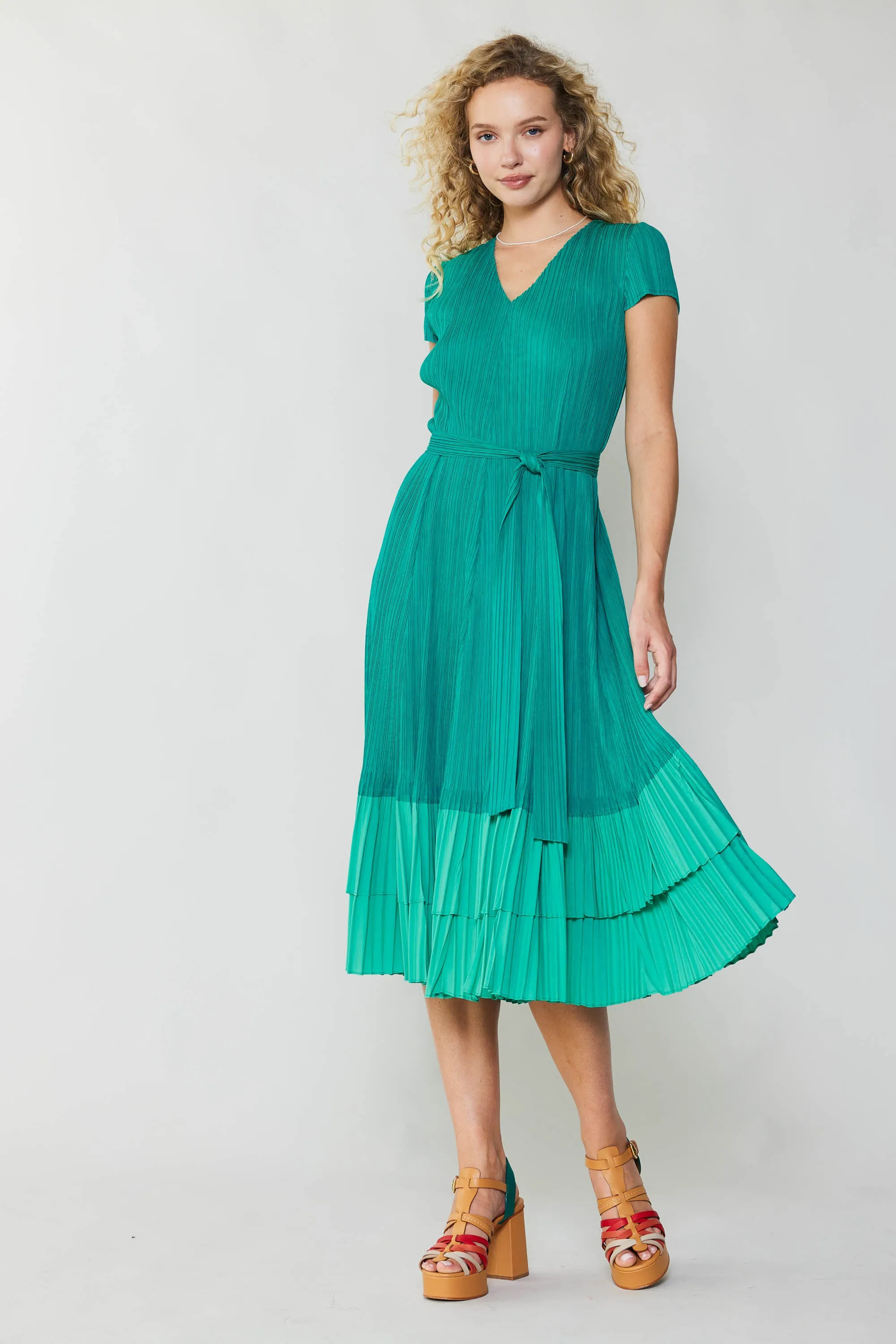 Pleated Colorblock Midi Dress