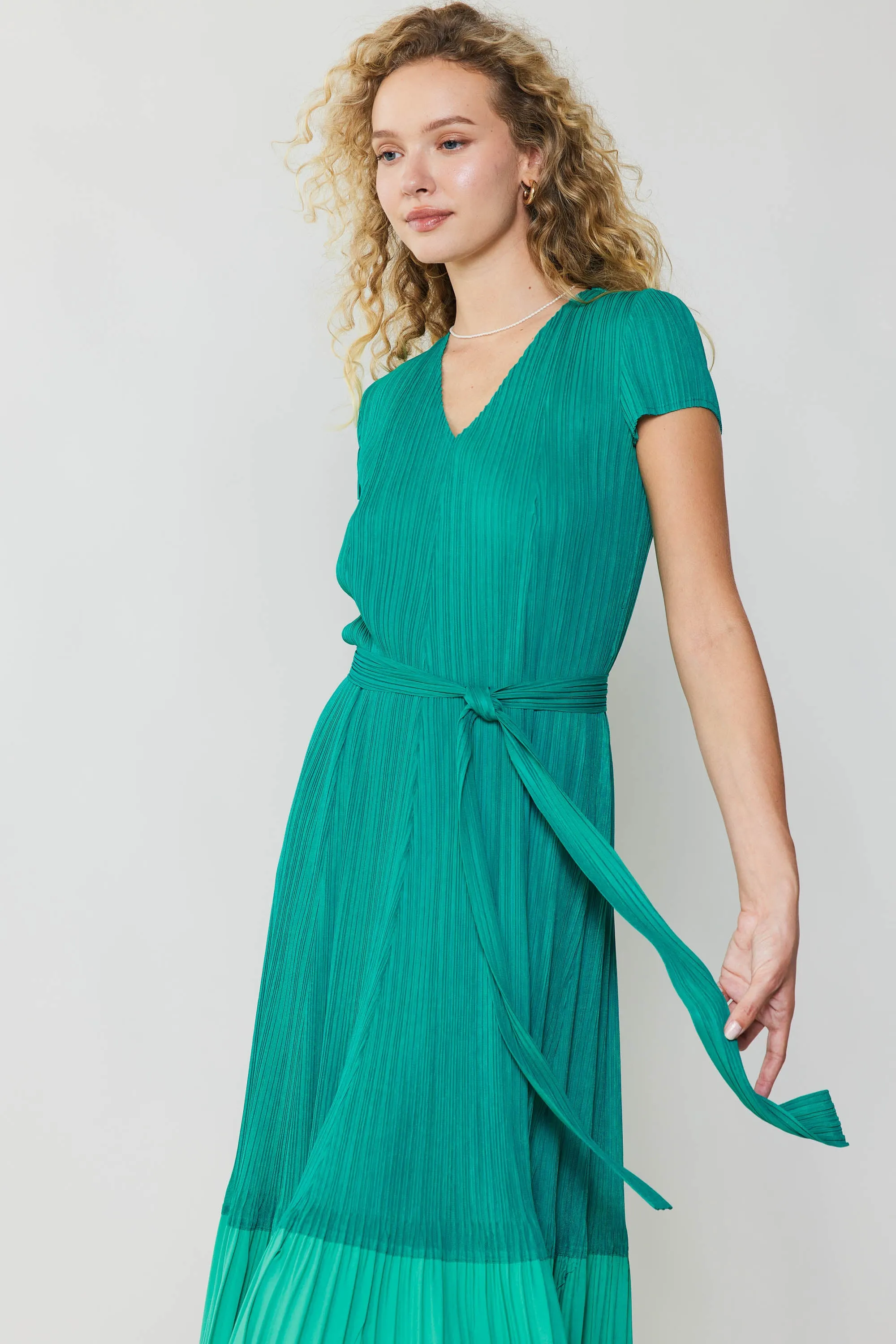 Pleated Colorblock Midi Dress