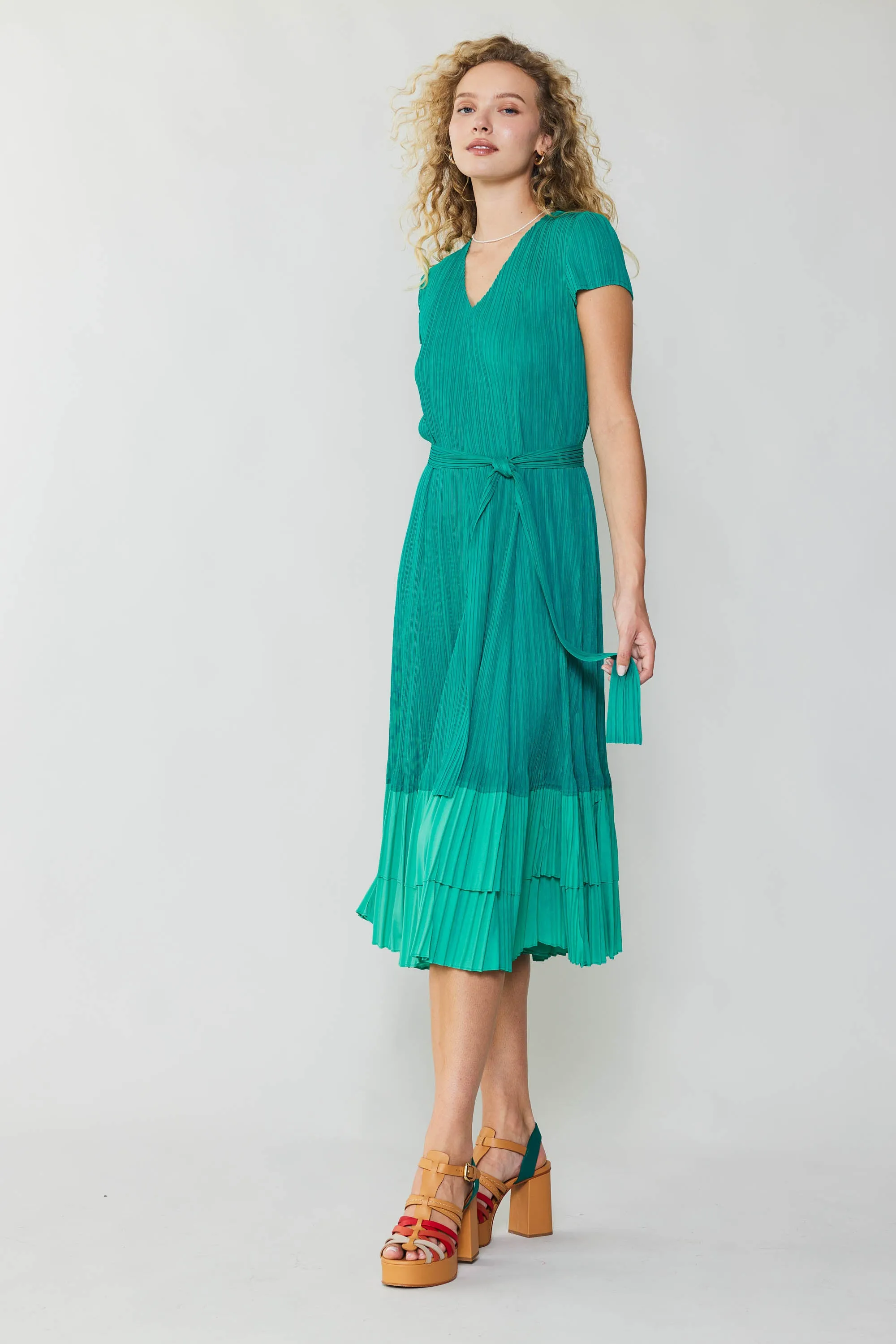 Pleated Colorblock Midi Dress