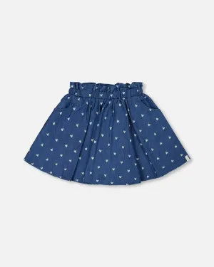 Printed Chambray Skort Navy Blue And White Hearts