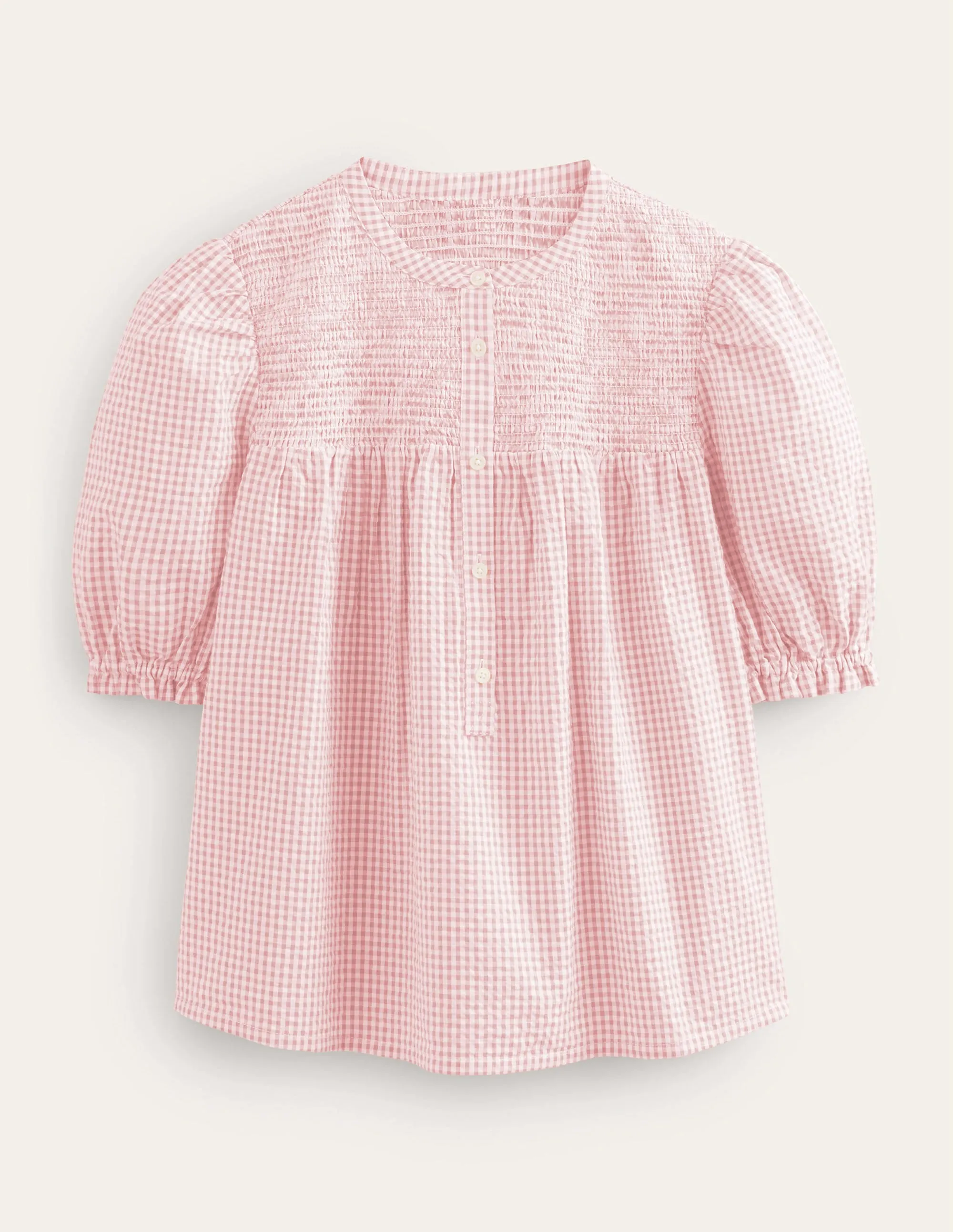 Puff Sleeve Seersucker Popover-Dahlia Pink Gingham