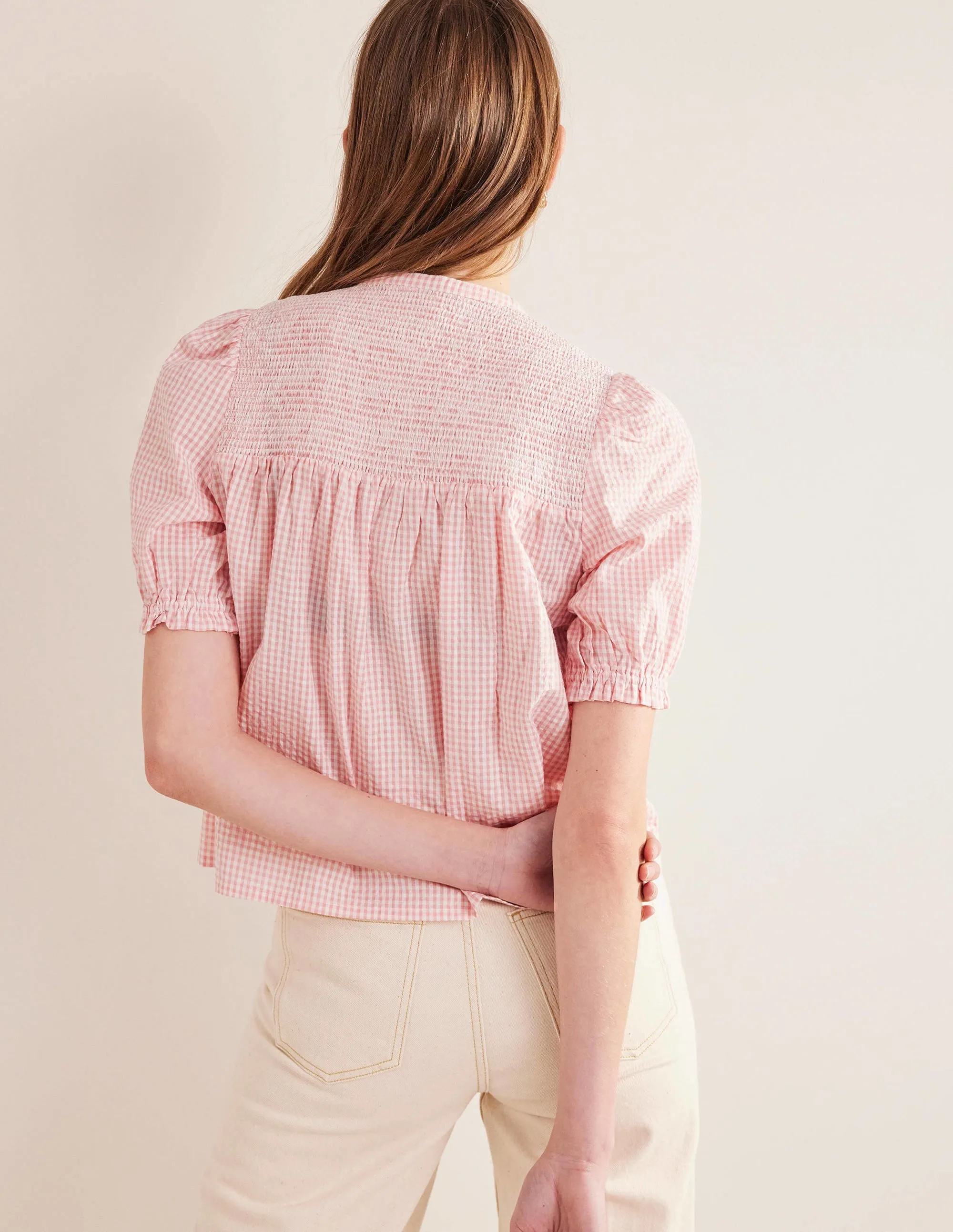 Puff Sleeve Seersucker Popover-Dahlia Pink Gingham