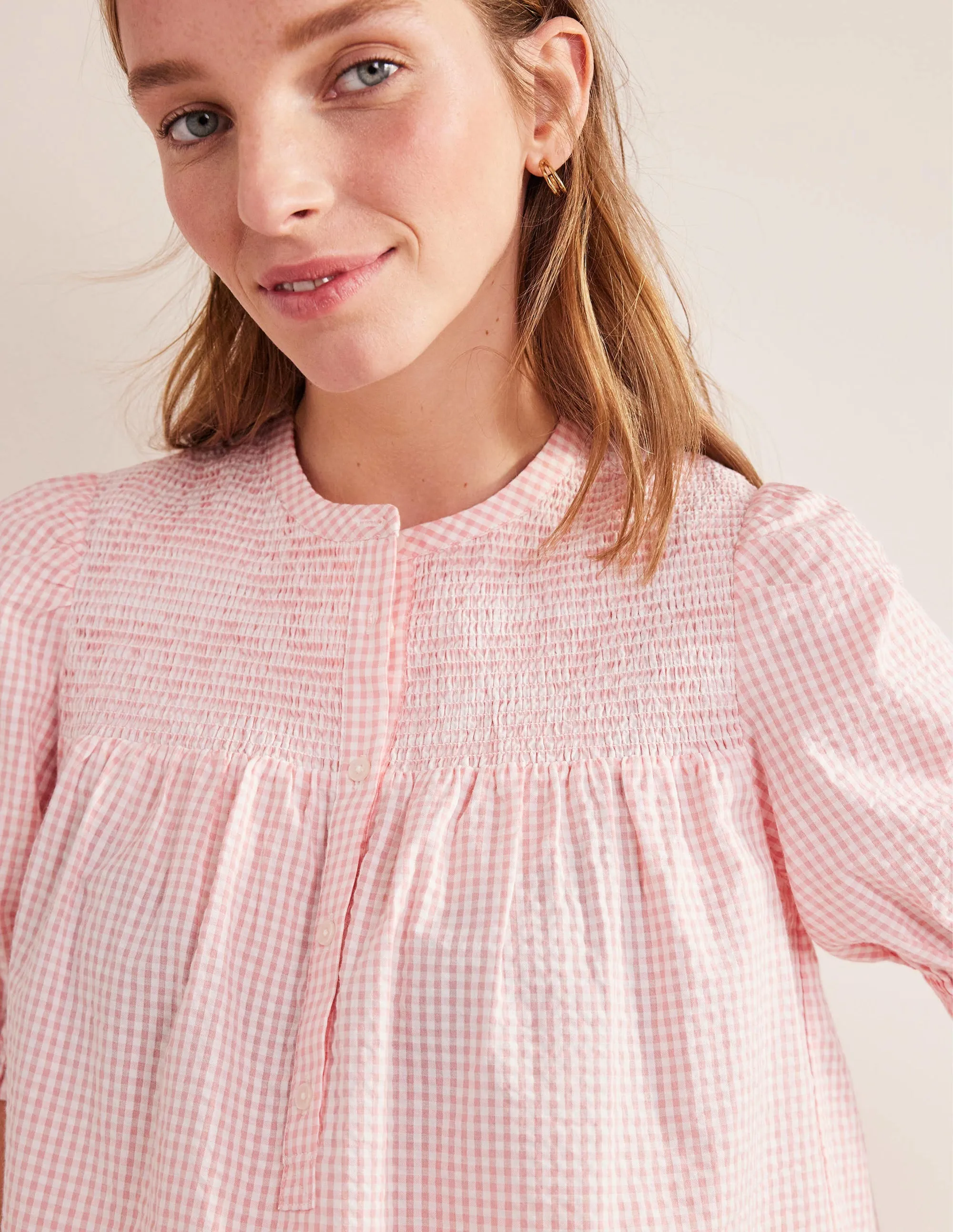 Puff Sleeve Seersucker Popover-Dahlia Pink Gingham