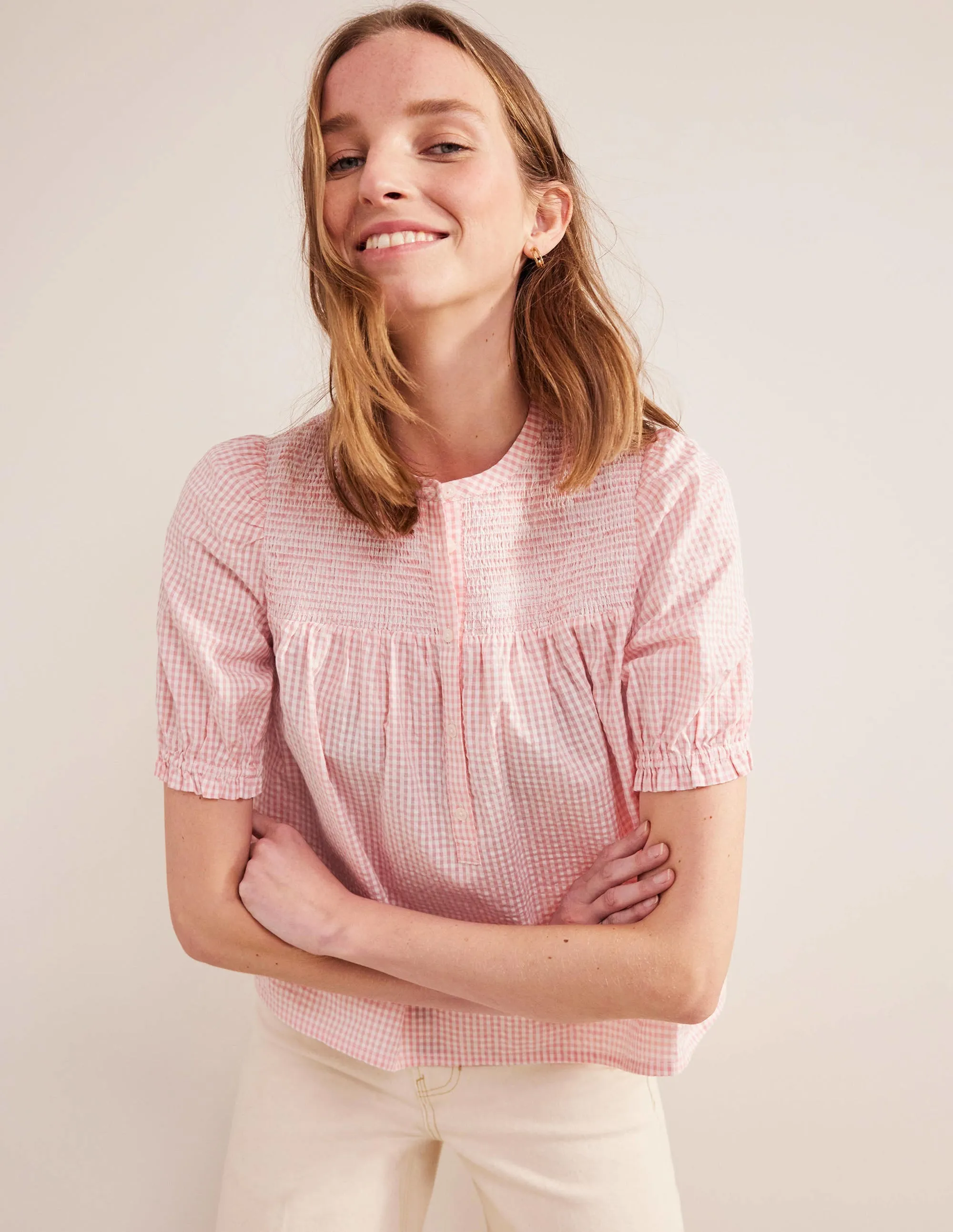 Puff Sleeve Seersucker Popover-Dahlia Pink Gingham