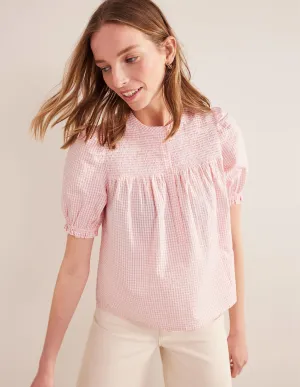 Puff Sleeve Seersucker Popover-Dahlia Pink Gingham