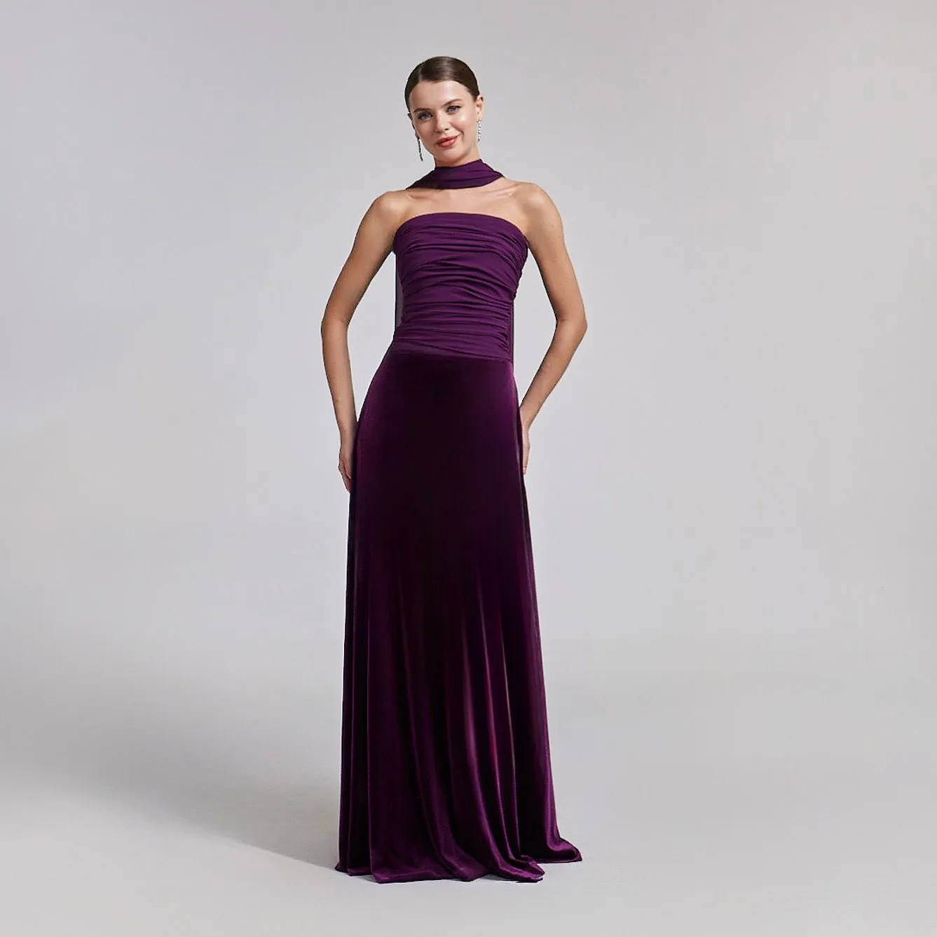 Purple Velvet-Chiffon Strapless Gown with Draped Scarf