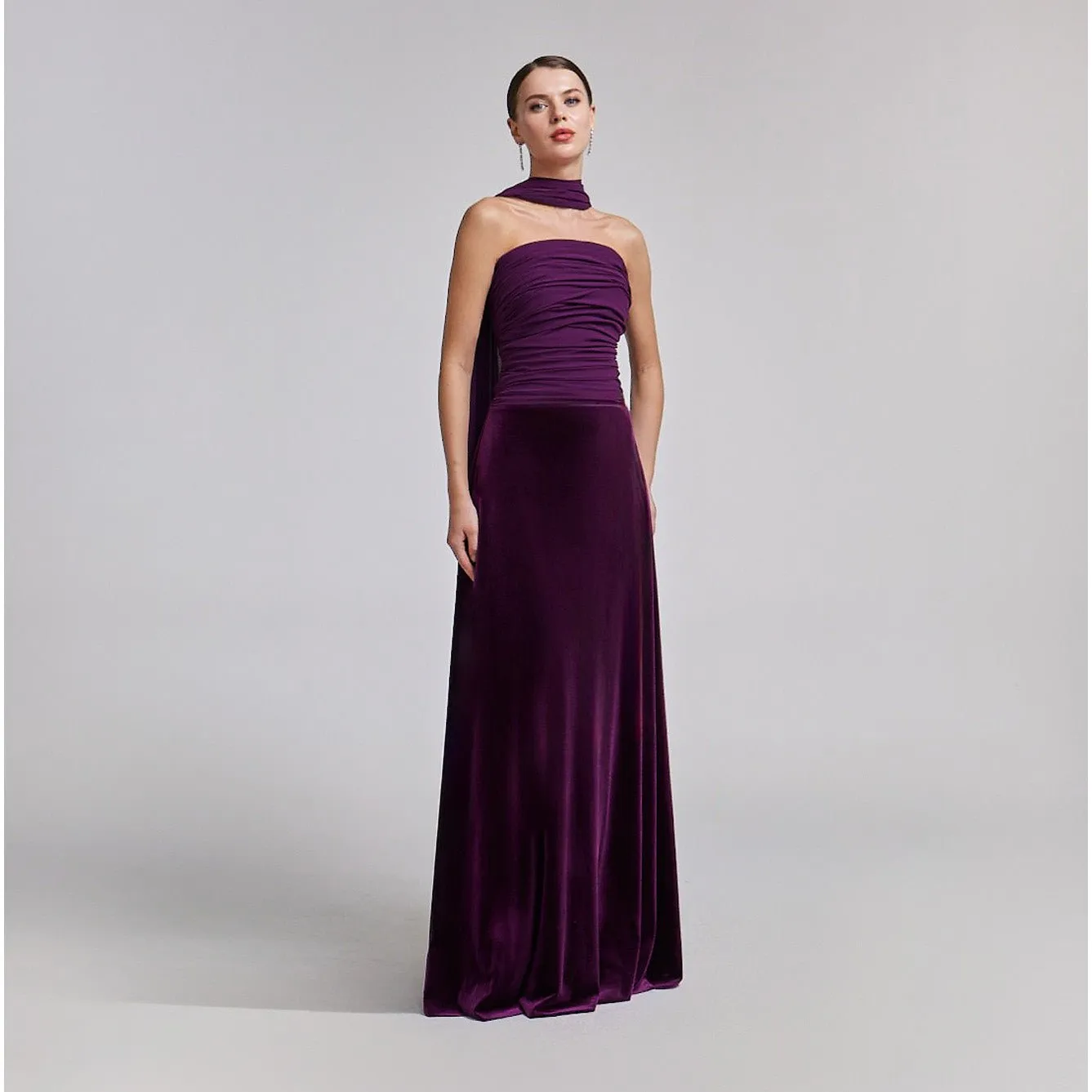 Purple Velvet-Chiffon Strapless Gown with Draped Scarf