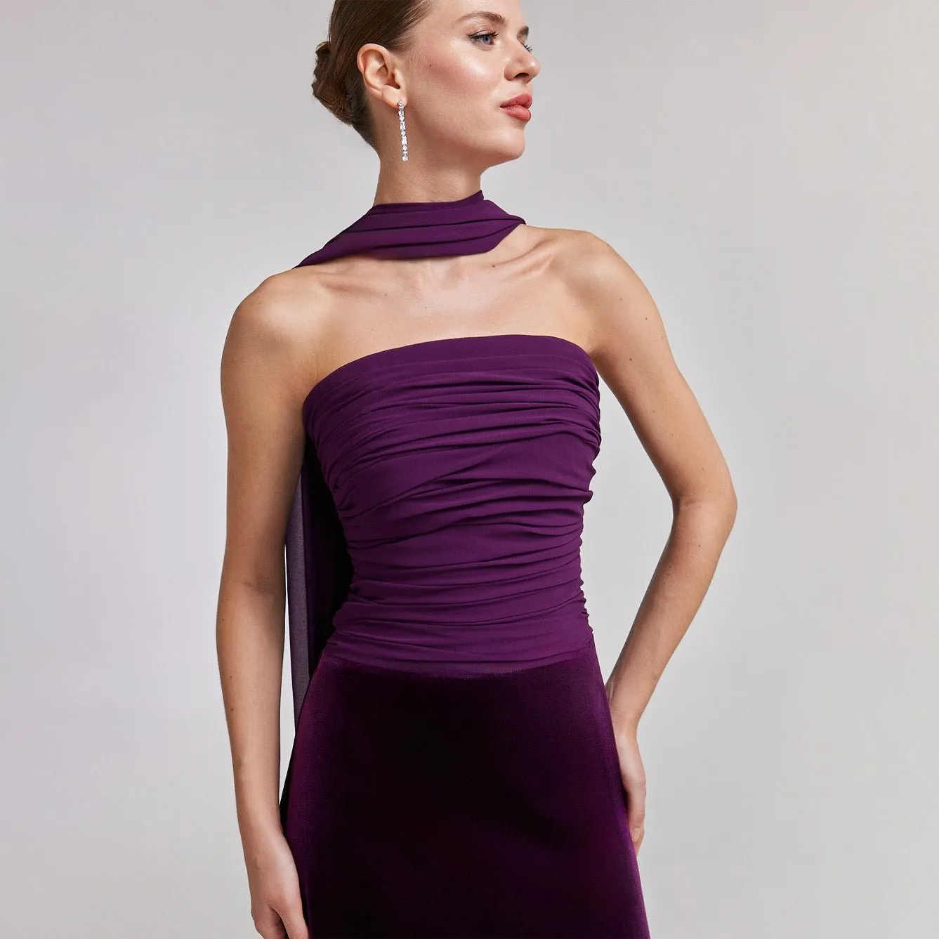 Purple Velvet-Chiffon Strapless Gown with Draped Scarf