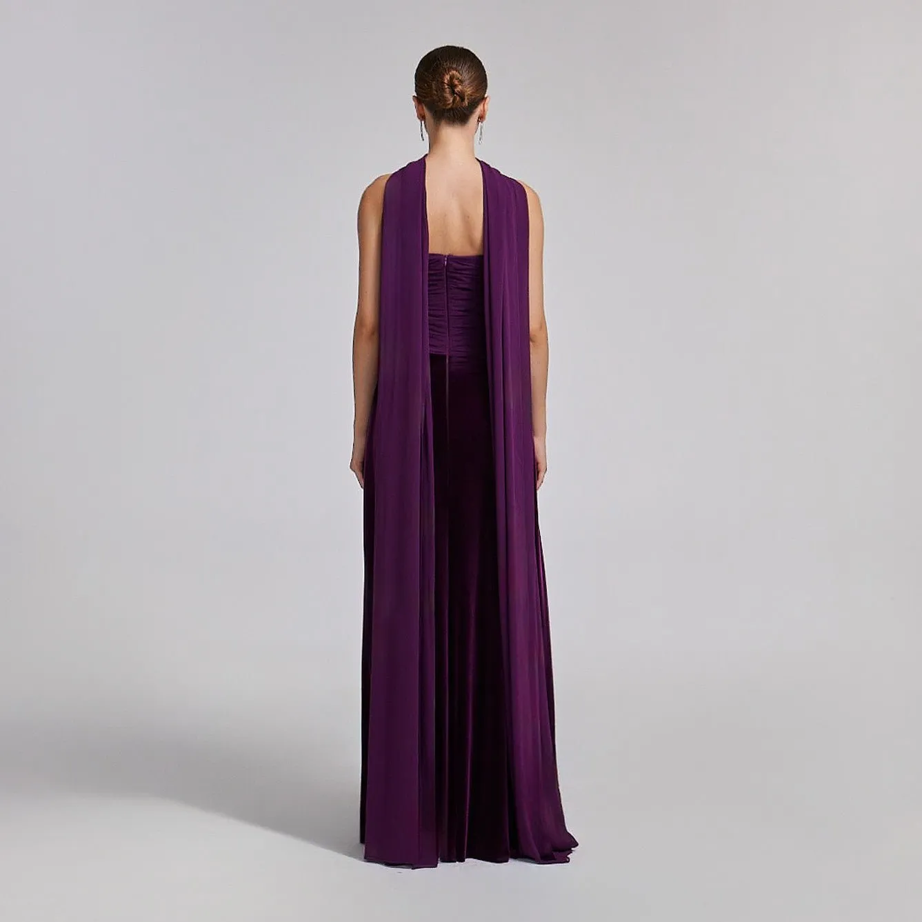 Purple Velvet-Chiffon Strapless Gown with Draped Scarf