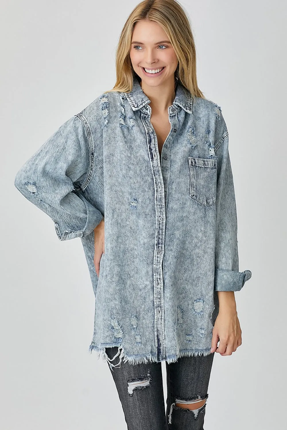 RISEN Distressed Raw Hem Blue Denim Shirt