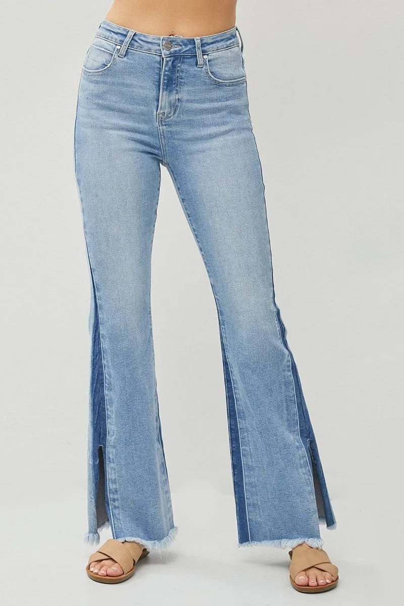 Risen High Rise Side Shadow Seam Detail Slit Flare Jeans