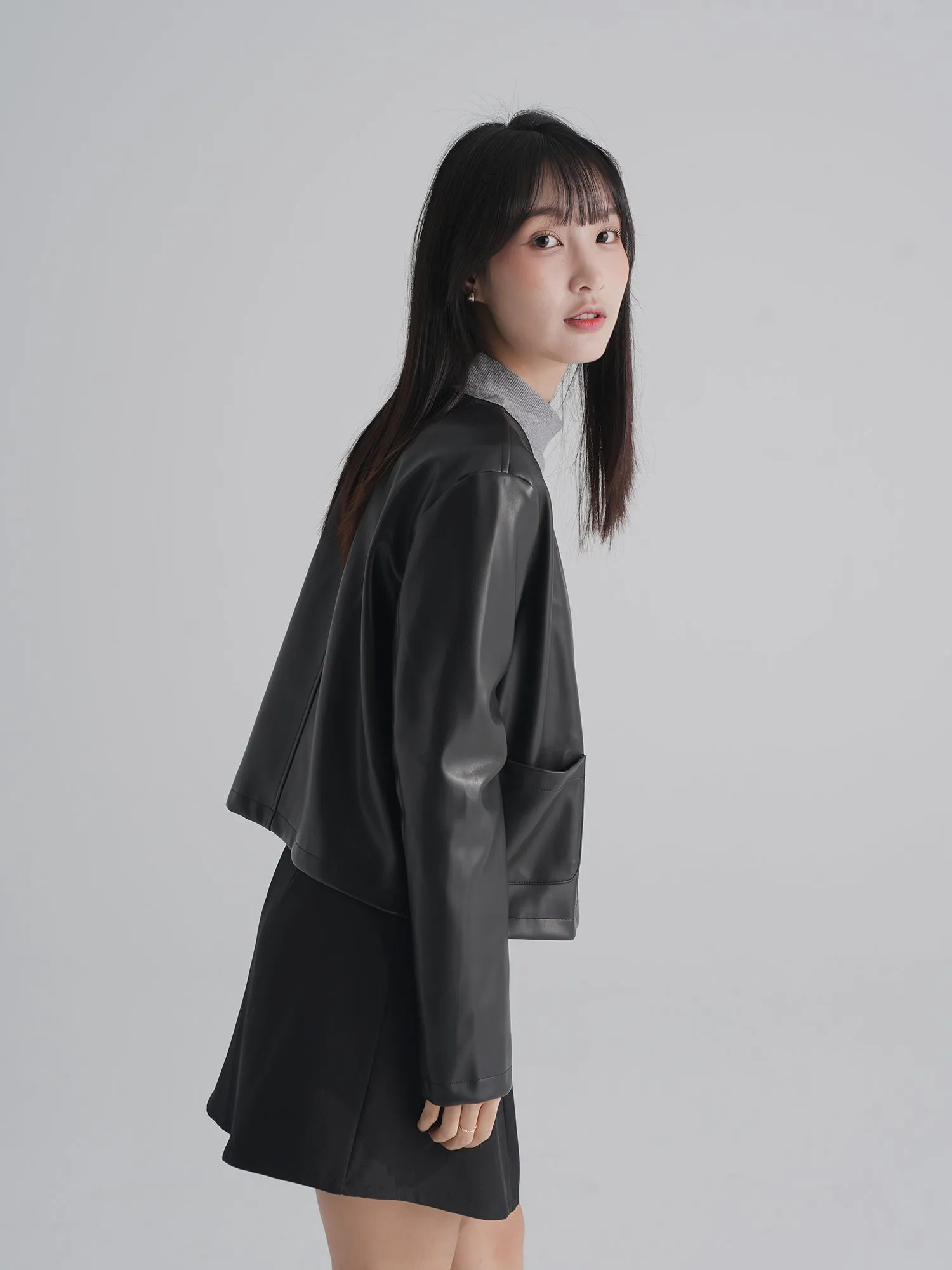 Rosie Round Neck Leather Jacket