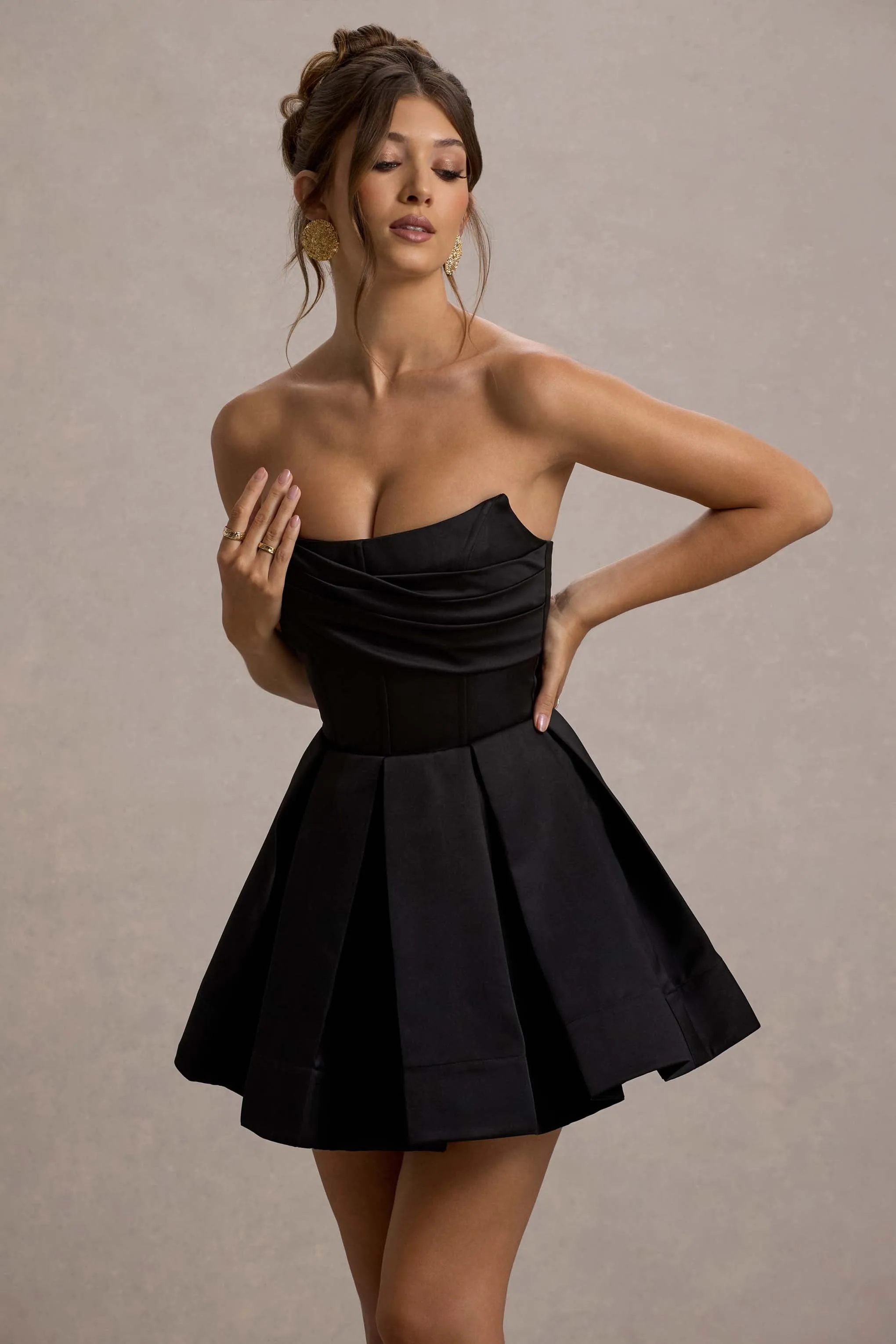 Saira | Black Satin Strapless Skater Mini Dress