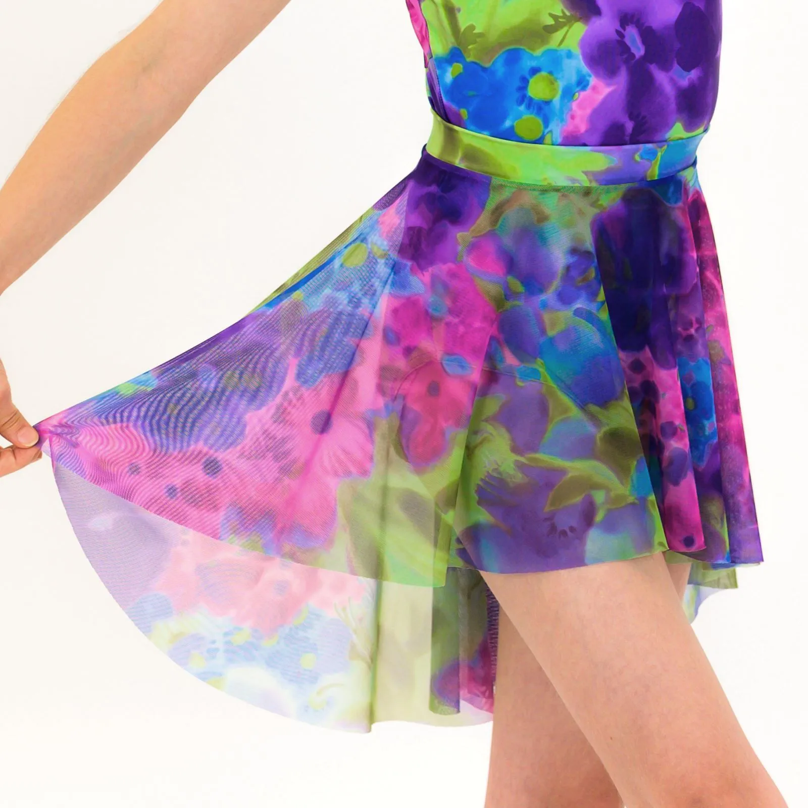 SALE - BLOOM - PRINTED MESH SHORTER TAPERED SKIRT - WATERCOLOUR HAZE