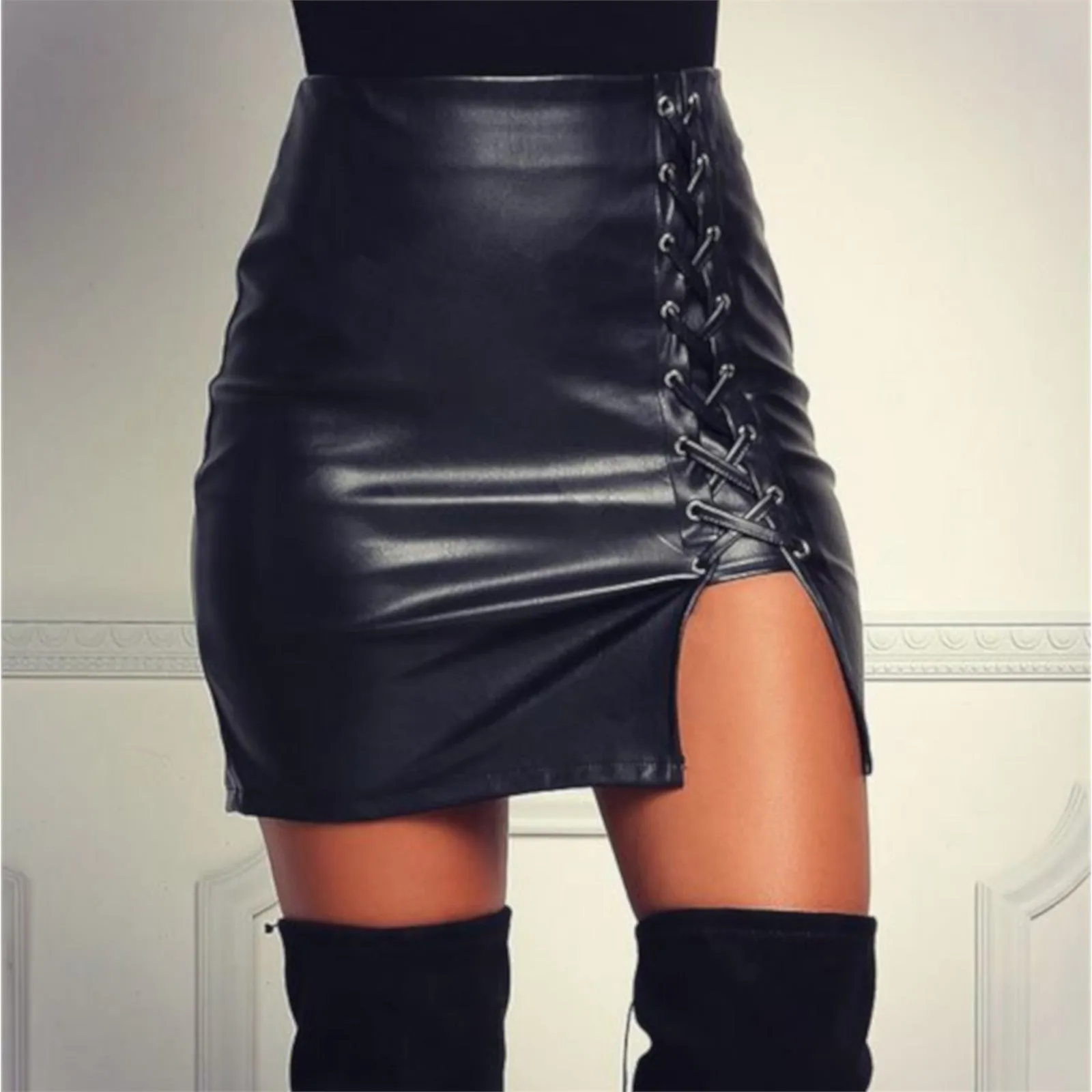 Sexy Black Lace Up Leather Mini Club Skirt