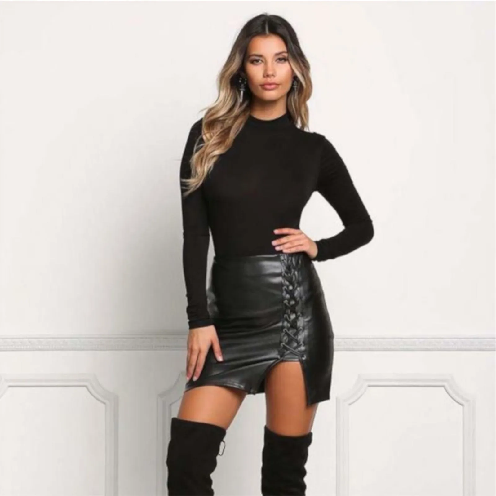 Sexy Black Lace Up Leather Mini Club Skirt