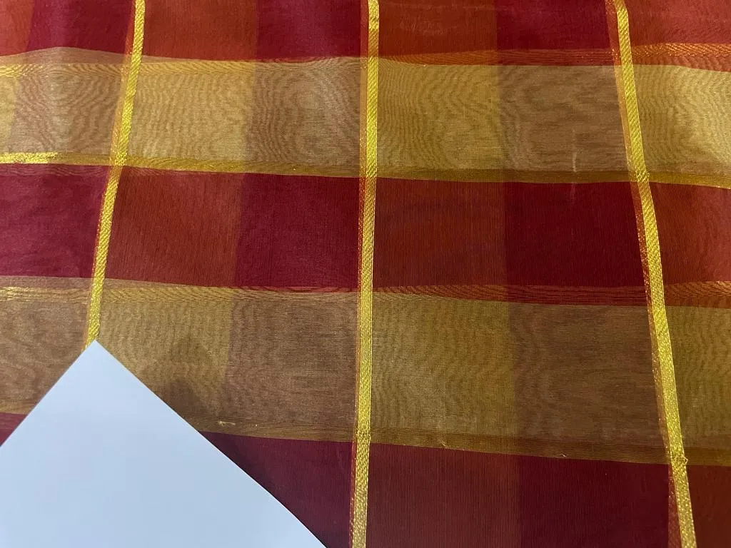 silk organza checks red x orange peach with metallic gold plaids color 44" wide [8437]