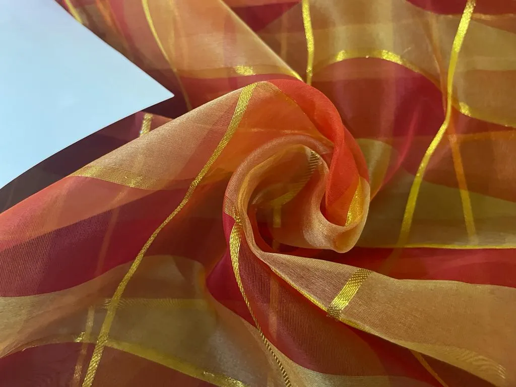 silk organza checks red x orange peach with metallic gold plaids color 44" wide [8437]