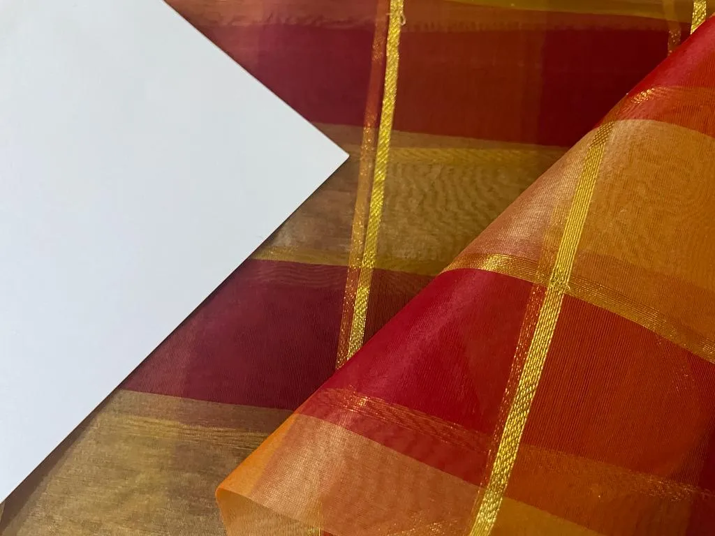 silk organza checks red x orange peach with metallic gold plaids color 44" wide [8437]