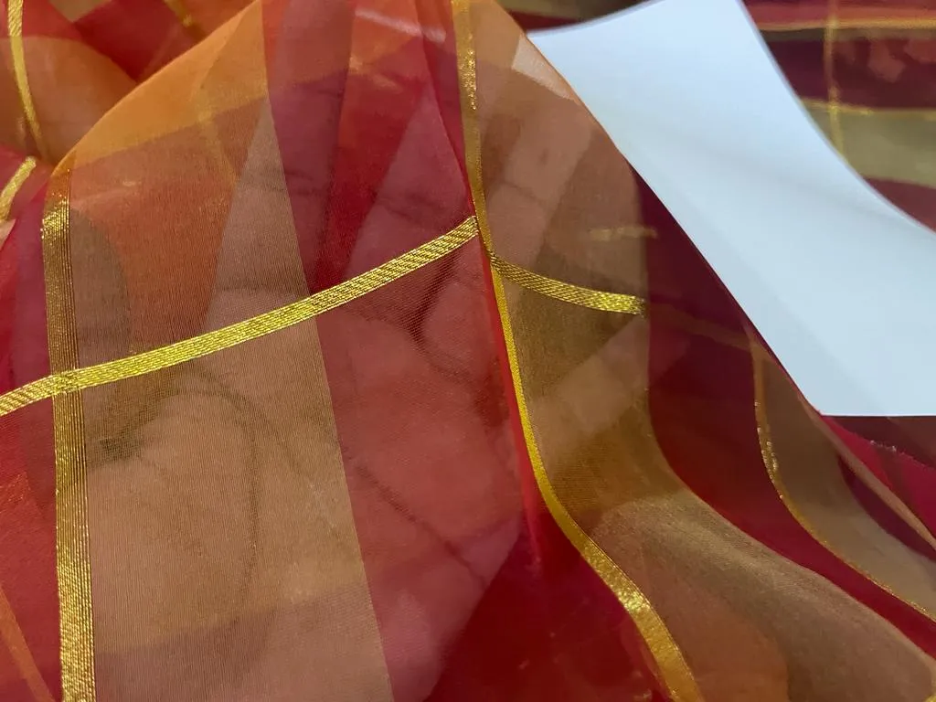 silk organza checks red x orange peach with metallic gold plaids color 44" wide [8437]