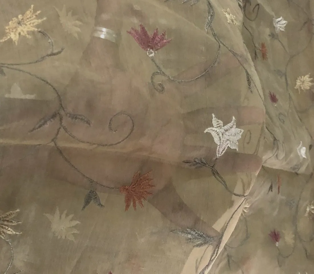 Silk Organza with  floral embroidery 44" wide FAWN COLOR with brown ,beige and white floral [16292]