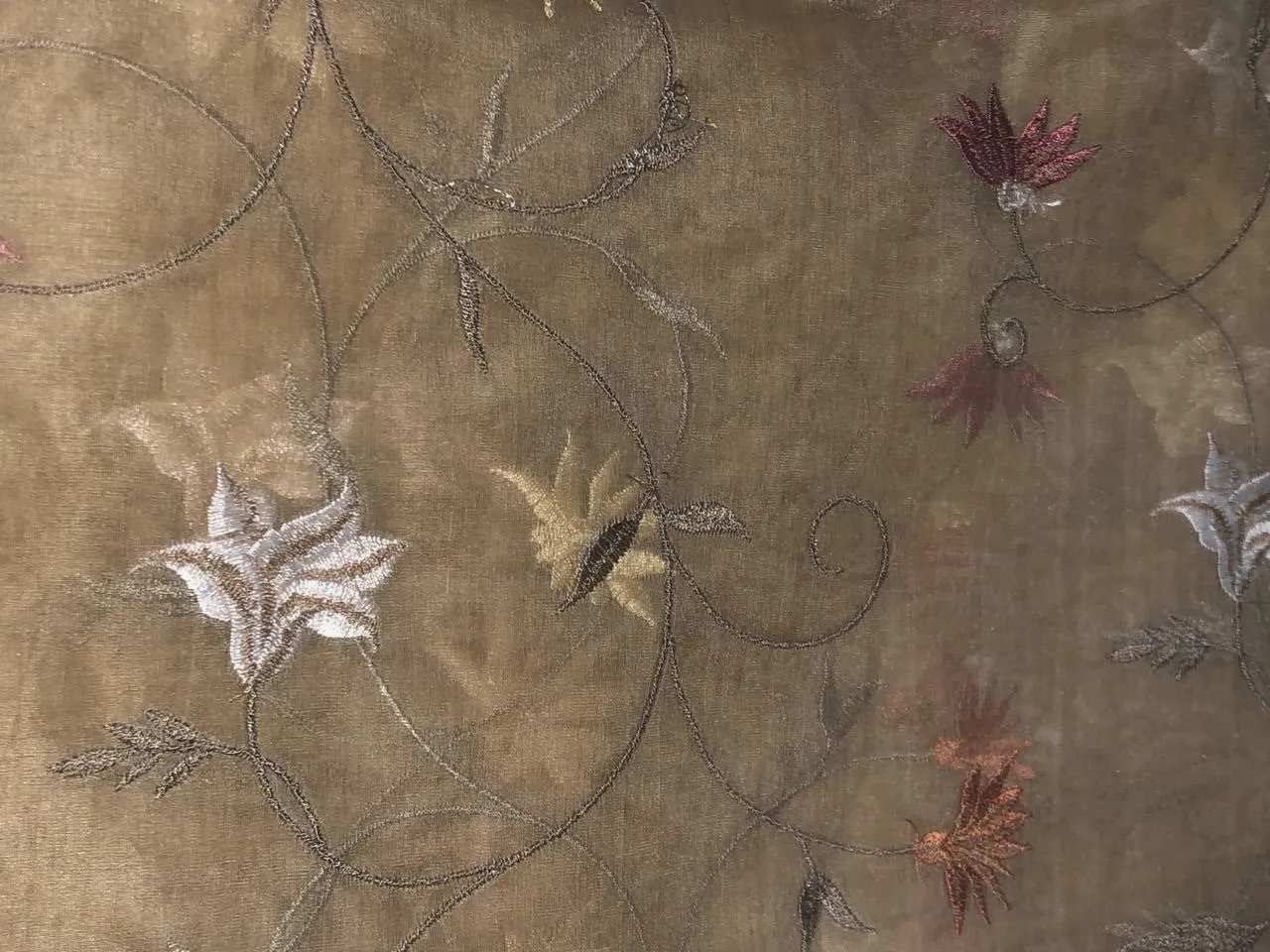 Silk Organza with  floral embroidery 44" wide FAWN COLOR with brown ,beige and white floral [16292]