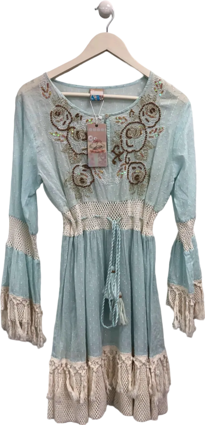 SIYA Blue Embroidered Boho Dress One Size