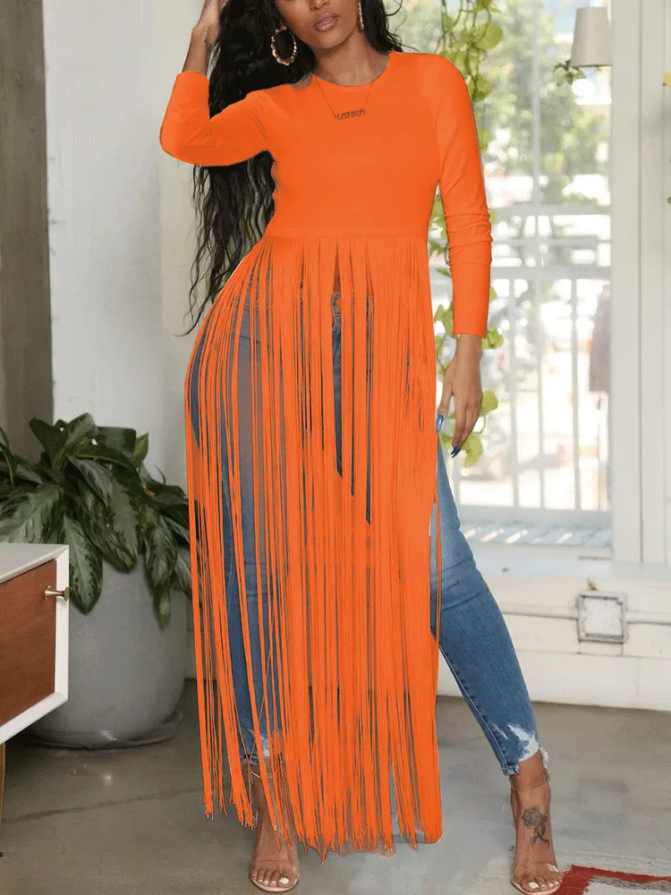 Solid Long Sleeve Trendy Slit Maxi Dress